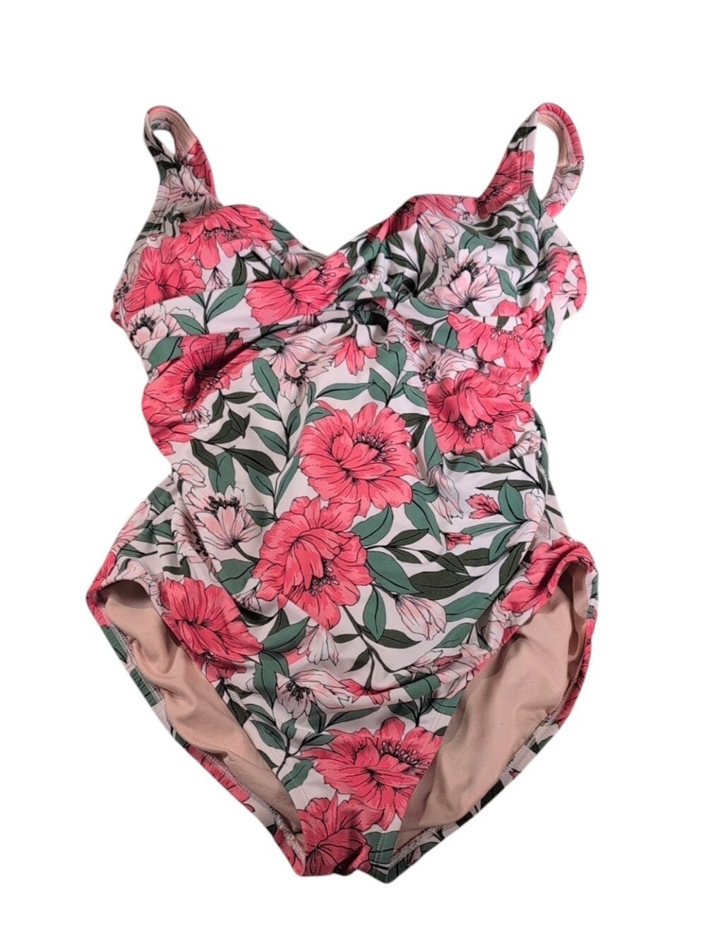 Kona Sol White & Peachy Pink Floral One Piece Swimsuit Size Large